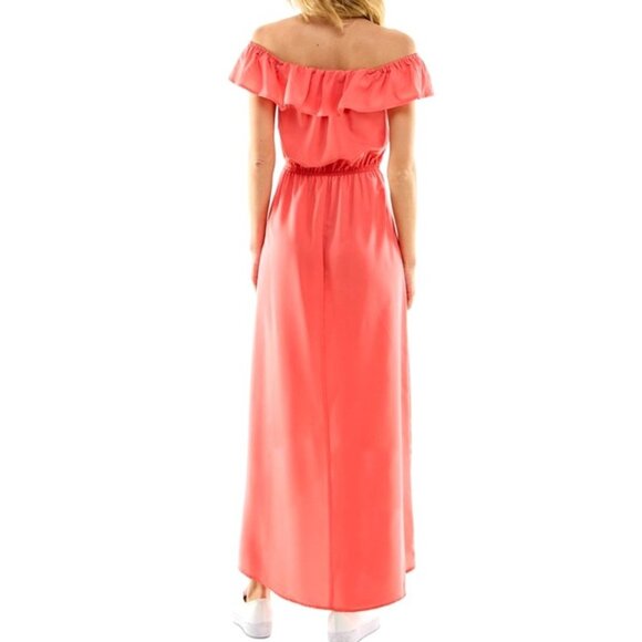 Kingston Grey Off-The-Shoulder High-Low Coral Maxi Dress Juniors XL - Picture 2 of 9